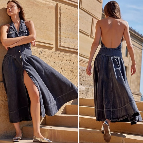 Free People Dresses & Skirts - Free People Soundwave Denim Halter Maxi Dress in Black Size Small Bohemian